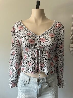 Sadie & Sage Floral Animal Print Peplum Crop Top Blouse Ruched Self Tie